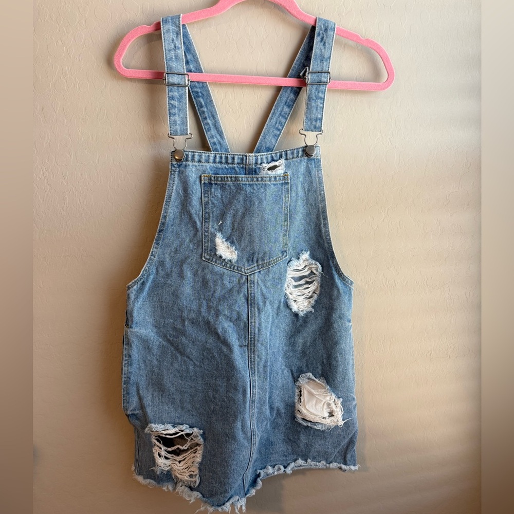 Cello Blue Distressed Denim Overall Dress